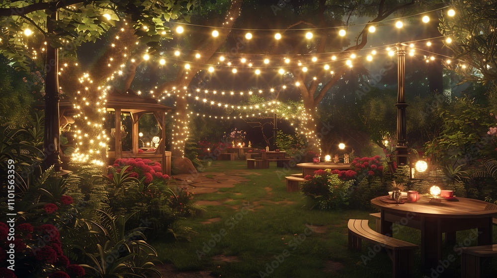A charming garden decorated with lights and seating for a celebration A charming garden decorated with lights and seating for a celebration