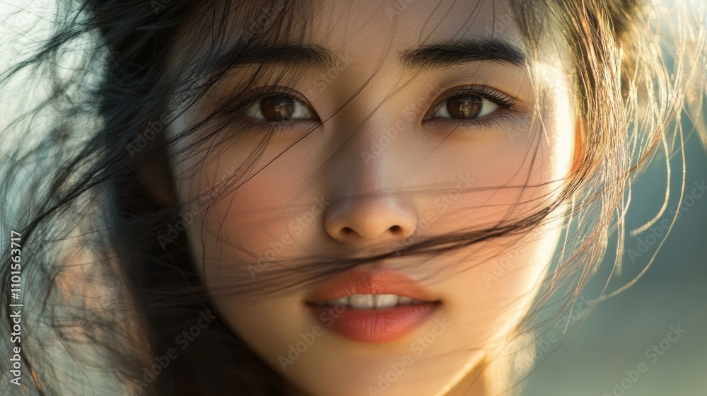 A close-up of an Asian woman's face with soft, natural lighting, her serene expression framed by loose strands of hair blowing gently in the wind