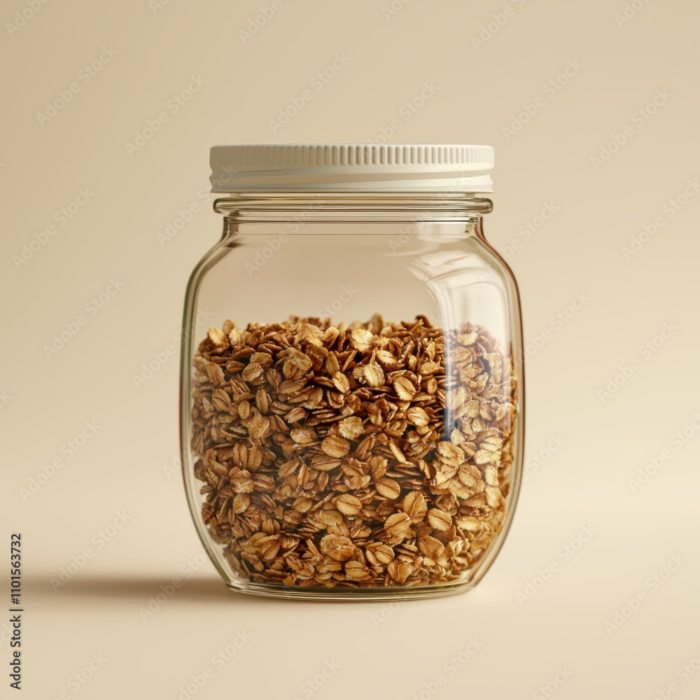 Clear glass jar filled with rolled oats on soft beige background Clear glass jar filled with rolled oats on soft beige background