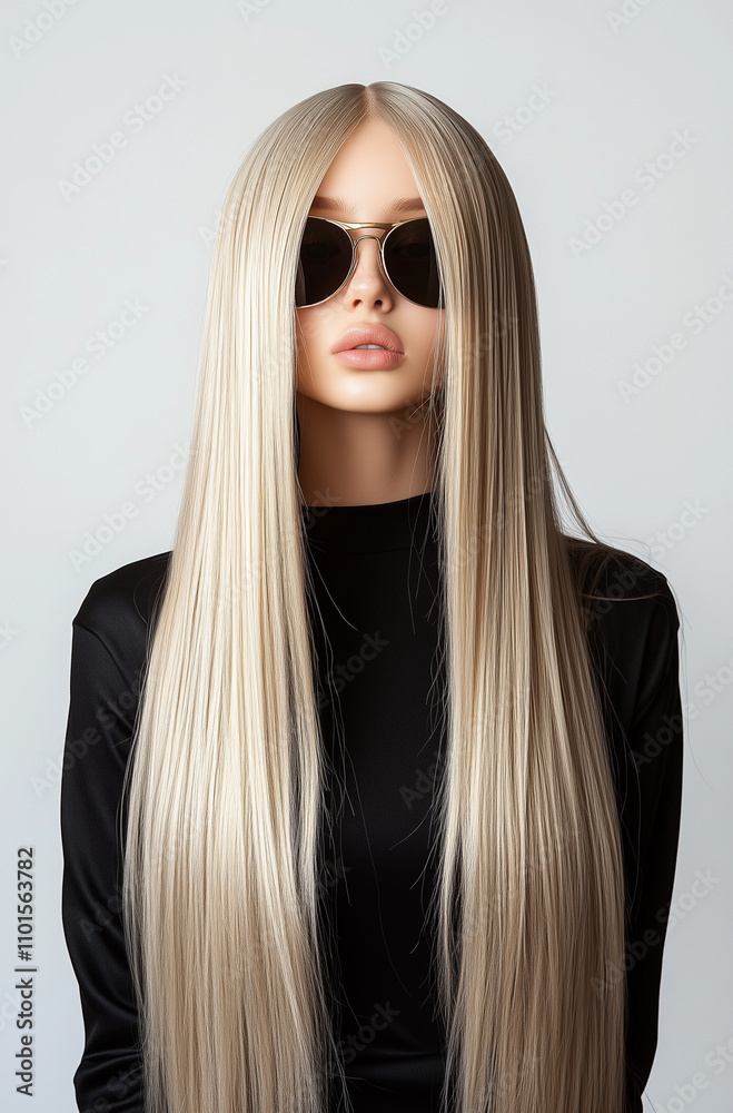 A photo of long, straight blonde hair with black sunglasses. Perfect for promoting hair salons and professional hair care products.Copy space,flat lay A photo of long, straight blonde hair with black sunglasses. Perfect for promoting hair salons and professional hair care products.Copy space,flat lay