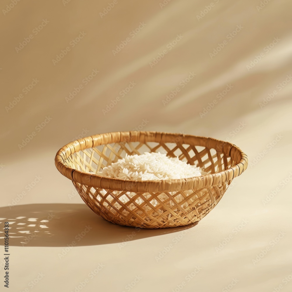Freshly Harvested White Rice in a Simple Woven Basket