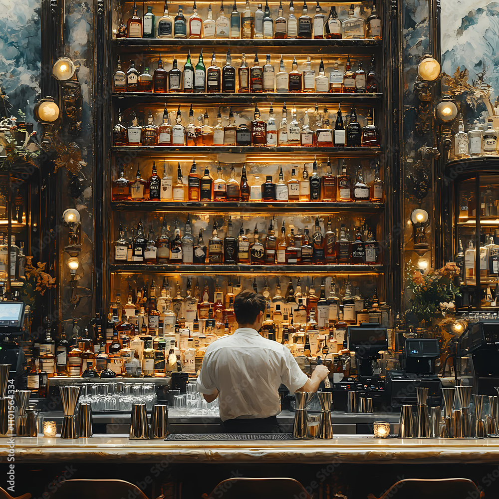 A bar, specifically the area in which bartenders mix drinks with bottles behind them A bar, specifically the area in which bartenders mix drinks with bottles behind them