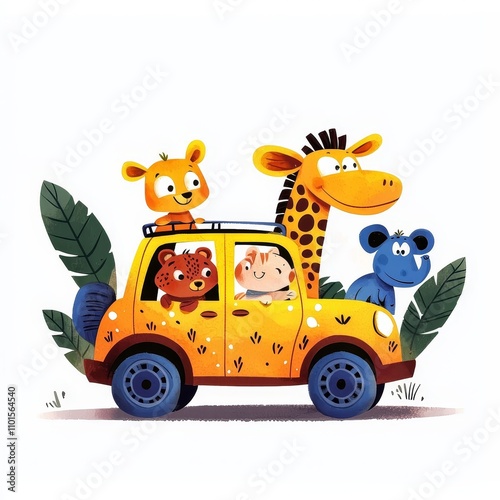 Adorable watercolor illustration of baby safari animals in a car.