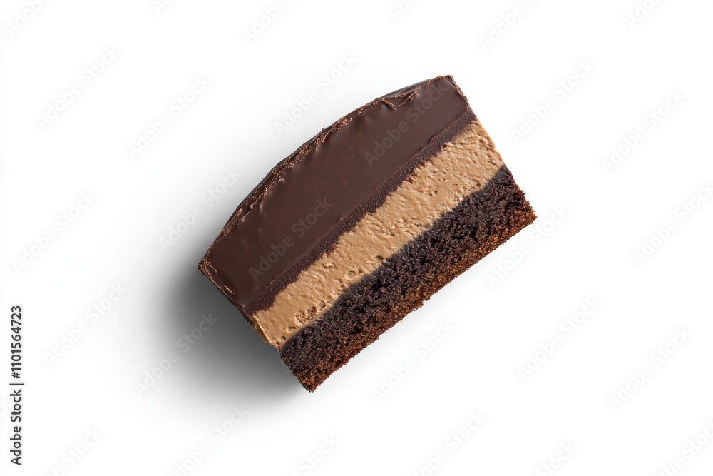 Doberge cake slice with chocolate layers and fondant top on white background Doberge cake slice with chocolate layers and fondant top on white background