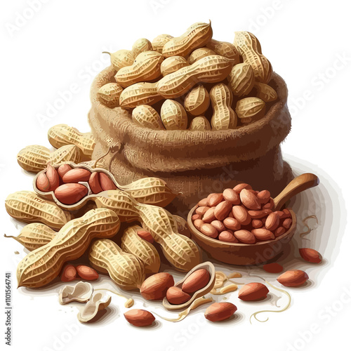 Burlap Sack and Bowl of Peanuts – Scattered Peanuts in Earthy Tones on White Background