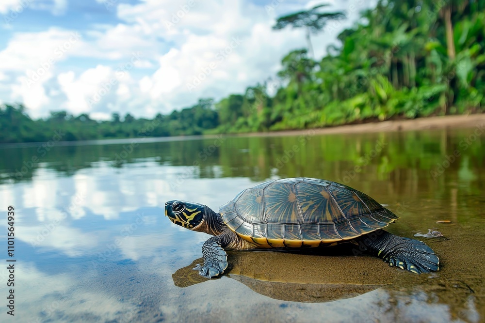 Fototapeta premium Turtle near riverbank, lush green background.