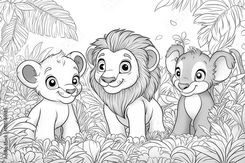 illustration, animaux de la jungle, coloriage enfant, à imprimer, noir et blanc, activité, dessin, mignon, tout-petits, adorable, joli, fun, loisir	
