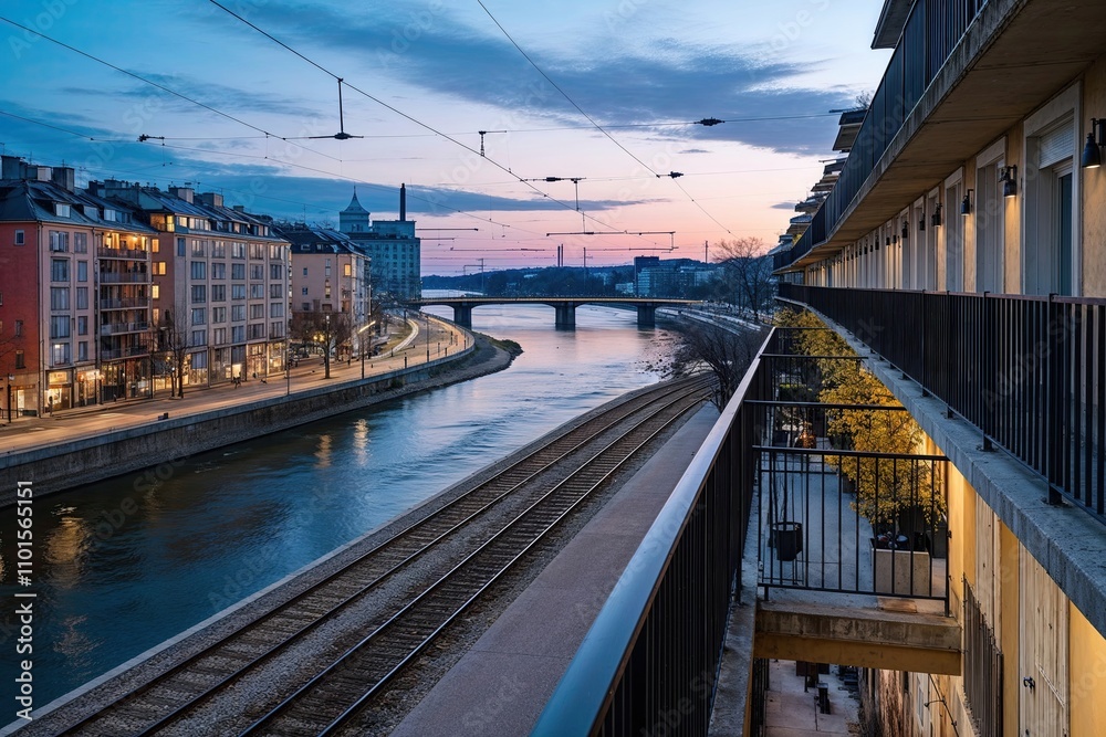 Spring Twilight Views of Urban Balconies Overlooking River and Tram Tracks
