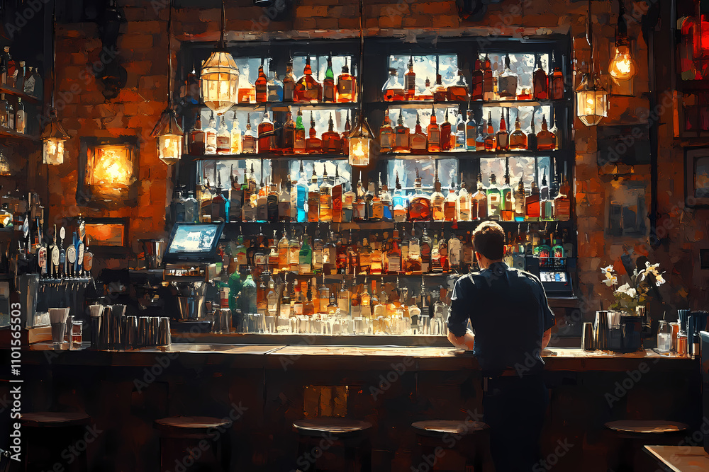 A bar, specifically the area in which bartenders mix drinks with bottles behind them A bar, specifically the area in which bartenders mix drinks with bottles behind them