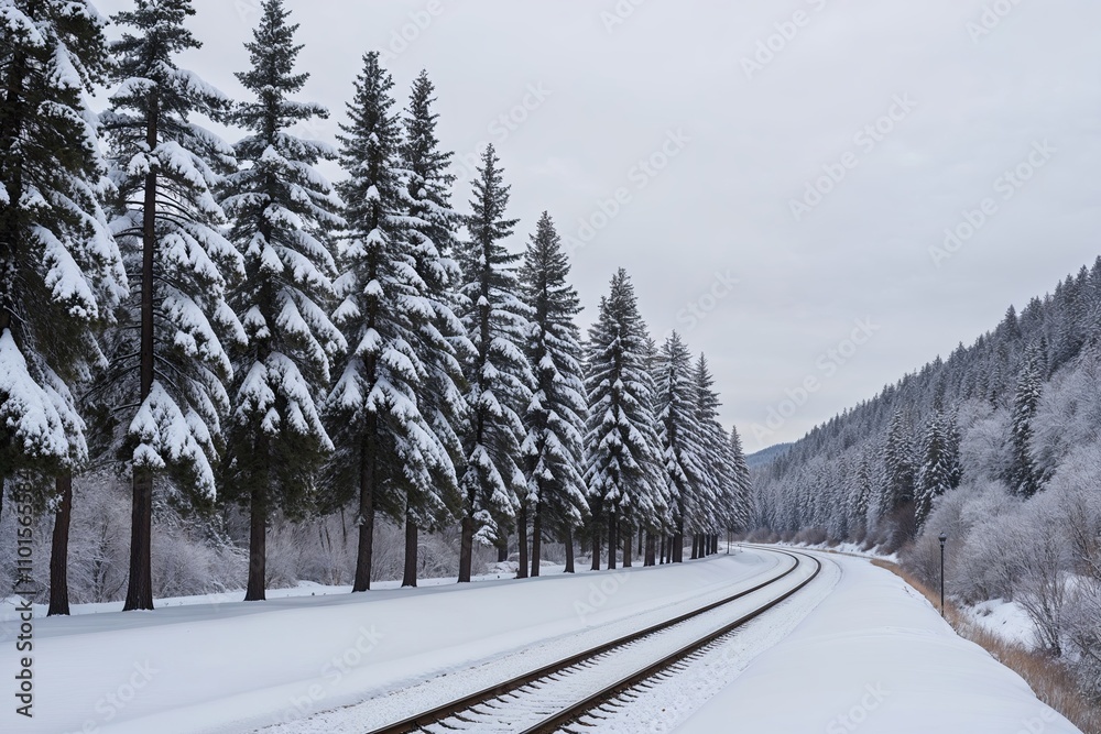 Obraz premium Winter Railway Landscape with Snowy Pine Trees and Tranquil Scenery