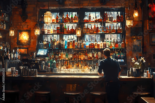 A bar, specifically the area in which bartenders mix drinks with bottles behind them