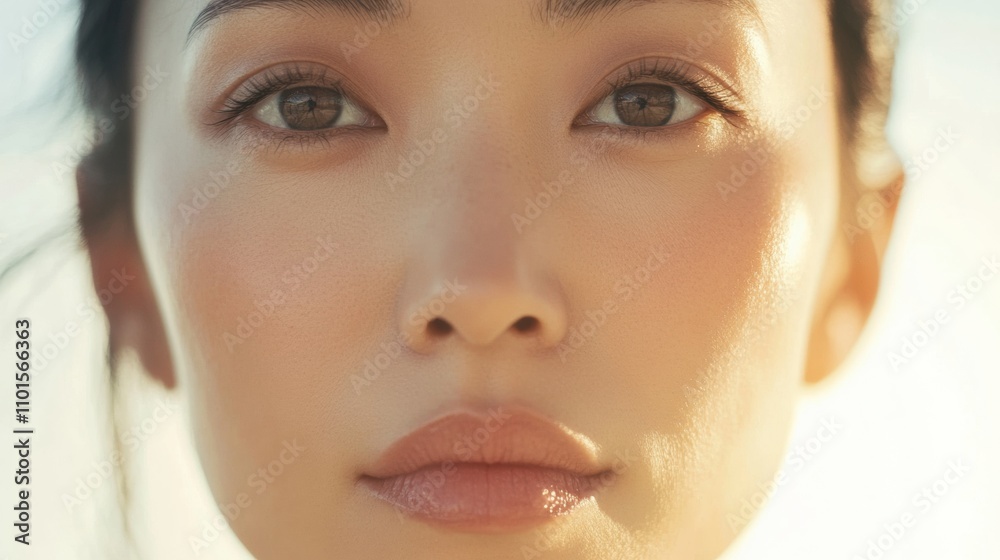 A close-up shot of an Asian woman wearing minimal makeup, her radiant skin glowing in the morning sunlight as she gazes directly at the camera A close-up shot of an Asian woman wearing minimal makeup, her radiant skin glowing in the morning sunlight as she gazes directly at the camera