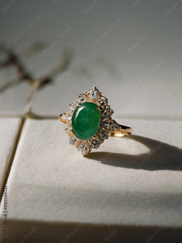 An elegant Jade engagement ring with a prominent solitaire, set on a slender gold band. An elegant Jade engagement ring with a prominent solitaire, set on a slender gold band.