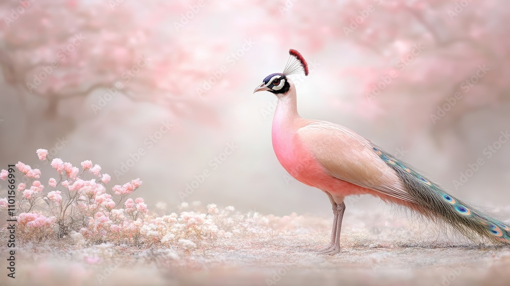 Obraz premium Beautiful pastel-colored bird standing gracefully amidst delicate pink flowers in a serene spring landscape, creating a tranquil and enchanting scene of nature's elegance.
