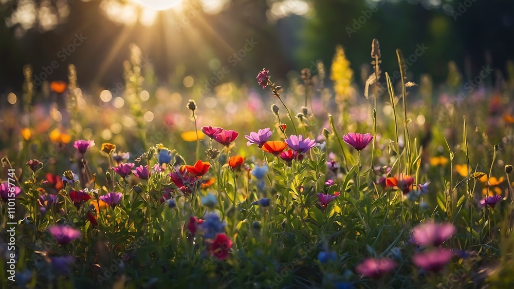 a wide view of colorful flowers on a sunny day