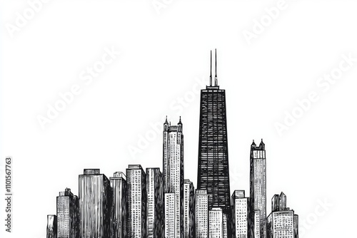 Hand Drawn Chicago Skyline Cityscape Illustration Black White Architecture