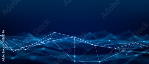 A digital abstract network of glowing blue lines and interconnected points, creating a futuristic web of connections on a dark blue gradient background, with a soft bokeh effect