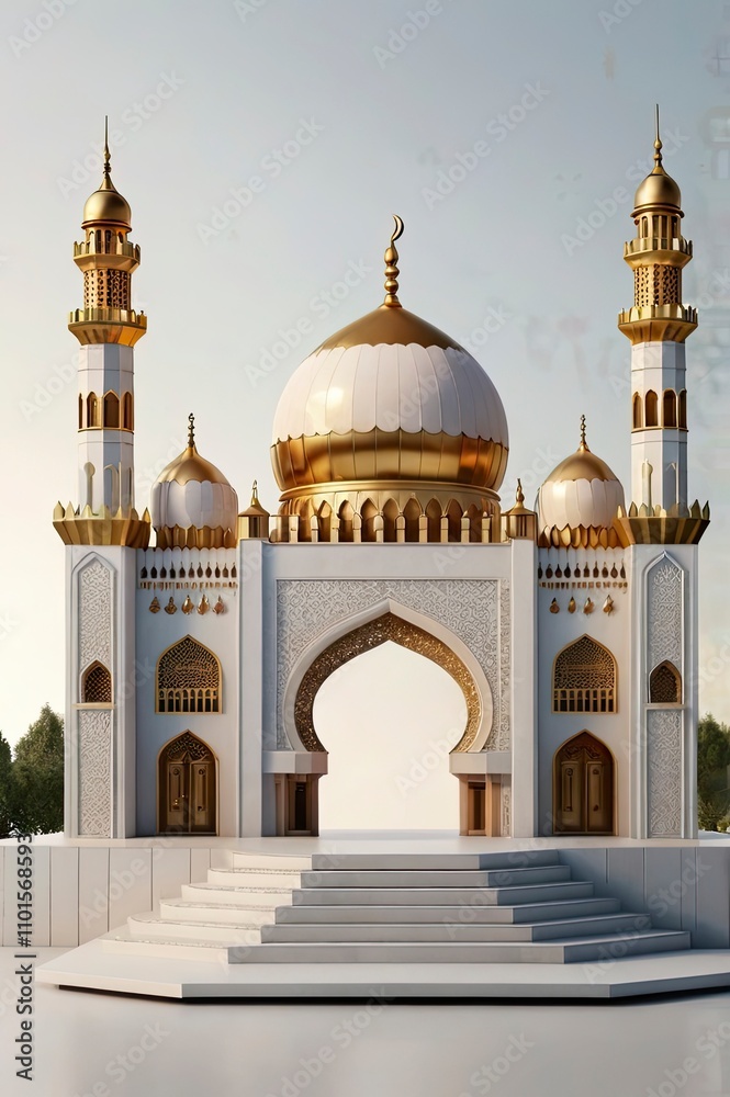 Obraz premium Realistic Islamic product display podium with mosque gate and golden minarets in white backgroundRealistic Islamic product display podium with mosque gate and golden minarets in white background