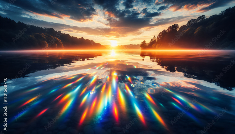Sunset light casting rainbow streaks across a still lake, with colorful light aberrations reflecting over the water surface against a serene, natural landscape.
