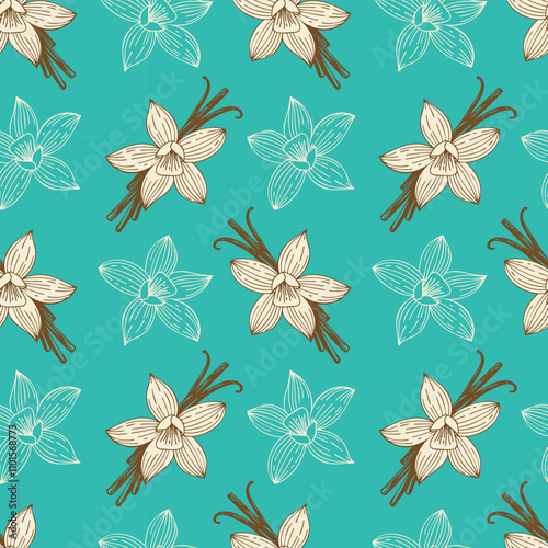 Pattern with aromatic spices Vanilla, pattern with flowers and vanilla sticks on bright blue background.