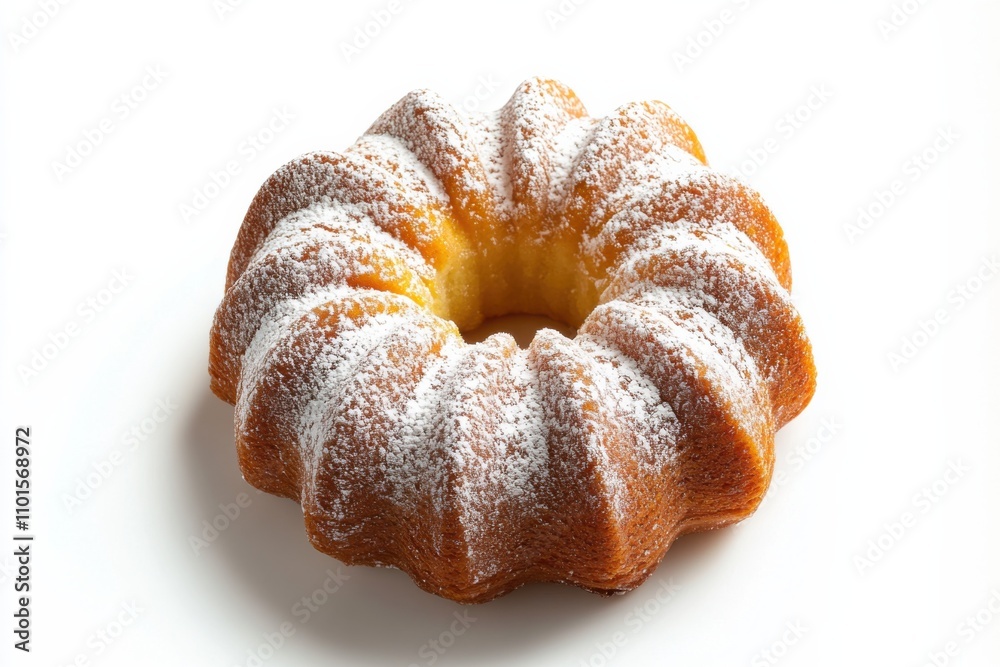 Kouglof with fluted ring shape and powdered sugar coating on white background Kouglof with fluted ring shape and powdered sugar coating on white background