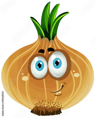 Cheerful Cartoon Onion Illustration with Green Leaves – Playful Vegetable Character Design