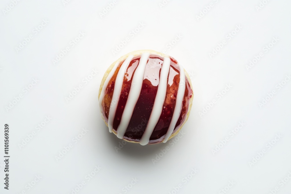 Krapfen with rose jam filling and sugar line pattern on white background Krapfen with rose jam filling and sugar line pattern on white background
