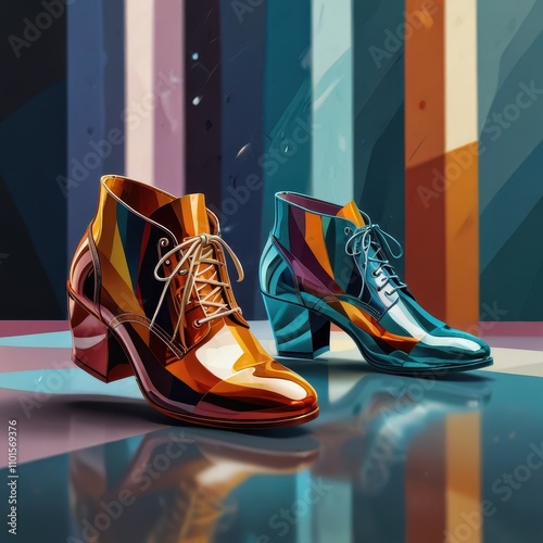  Experience the thrill of these dynamic cubist shoes seemingly frozen mid-dance against an ethereal backdrop The intricate patterns and distortions captivate the eye and inspire creativity