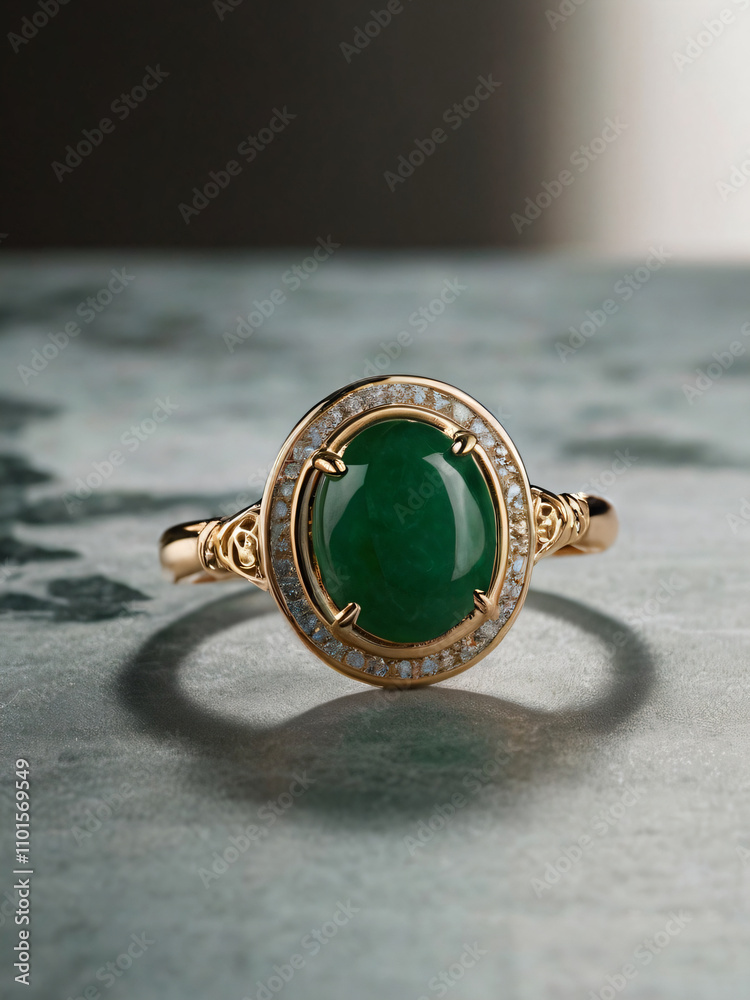 An elegant Jade engagement ring with a prominent solitaire, set on a slender gold band. An elegant Jade engagement ring with a prominent solitaire, set on a slender gold band.