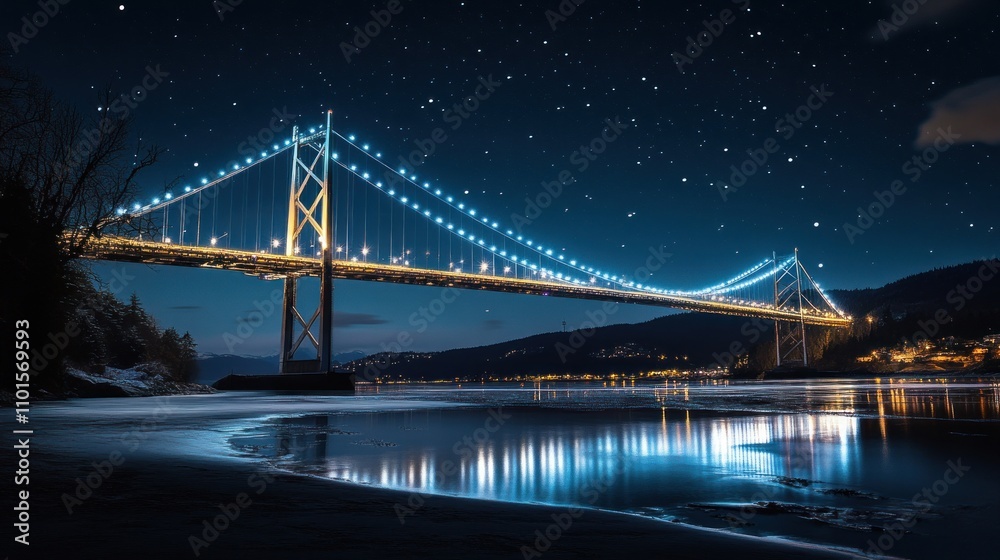 Starlit Majesty of an Illuminated Bridge Under Night Sky Over Sparkling Waterscape Starlit Majesty of an Illuminated Bridge Under Night Sky Over Sparkling Waterscape