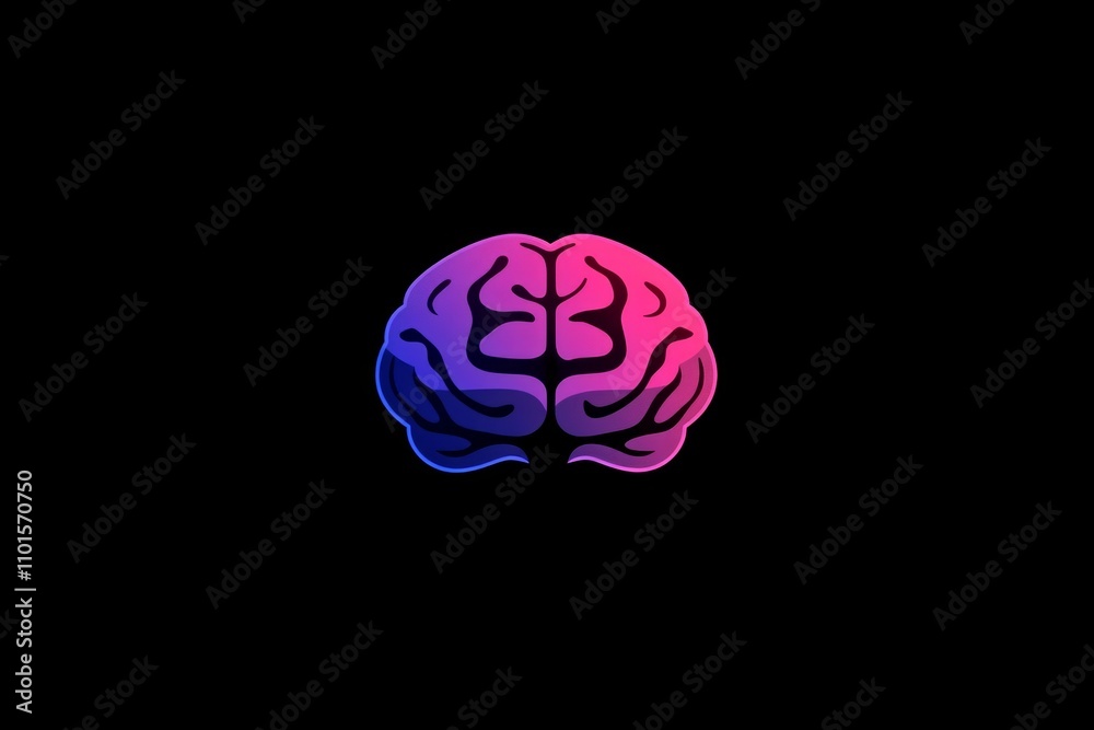 Gradient illustration of a brain symbol or brain icon, isolated black background, futuristic and technological concepts