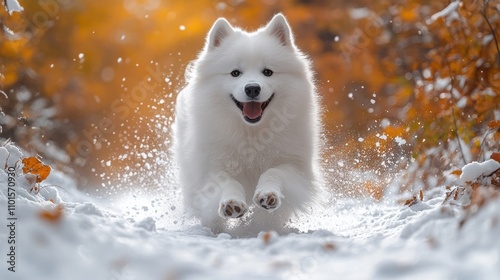 Happy white dog running through snowy autumn forest.