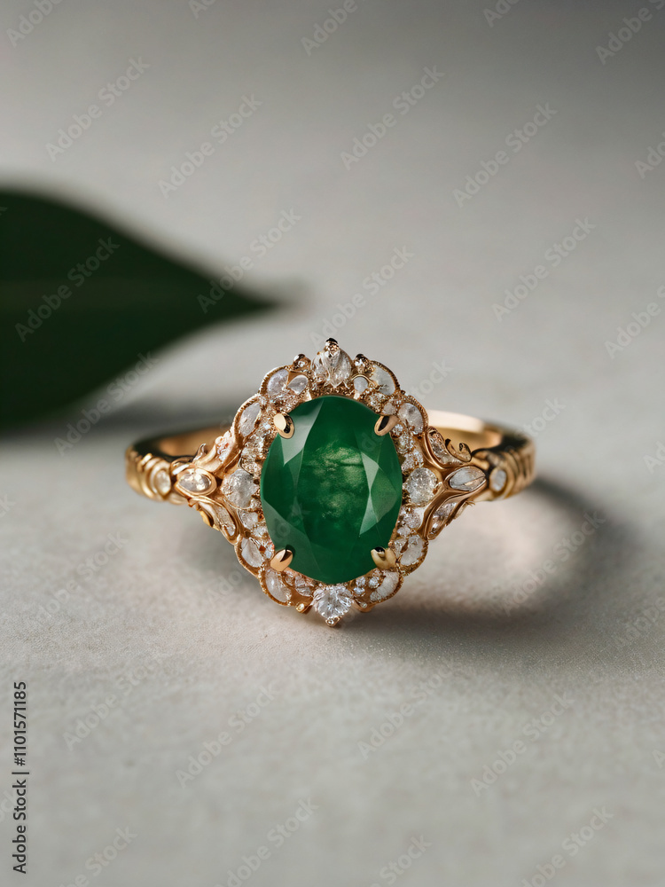 An elegant Jade engagement ring with a prominent solitaire, set on a slender gold band. An elegant Jade engagement ring with a prominent solitaire, set on a slender gold band.