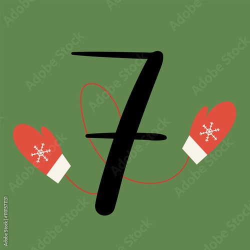 Christmas advent calendar with red mittens and snowflakes. 7th december of day. Vector flat illustration