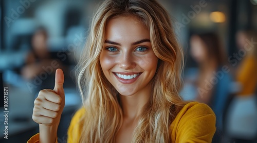 Team of employees in a cozy meeting room, smiling warmly at the camera and giving thumbs up