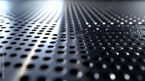 Abstract Metallic Surface Reflects Light Through Circular Perforations Creating Depth and Texture