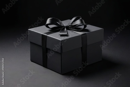 a close up of a black gift box with a black bow