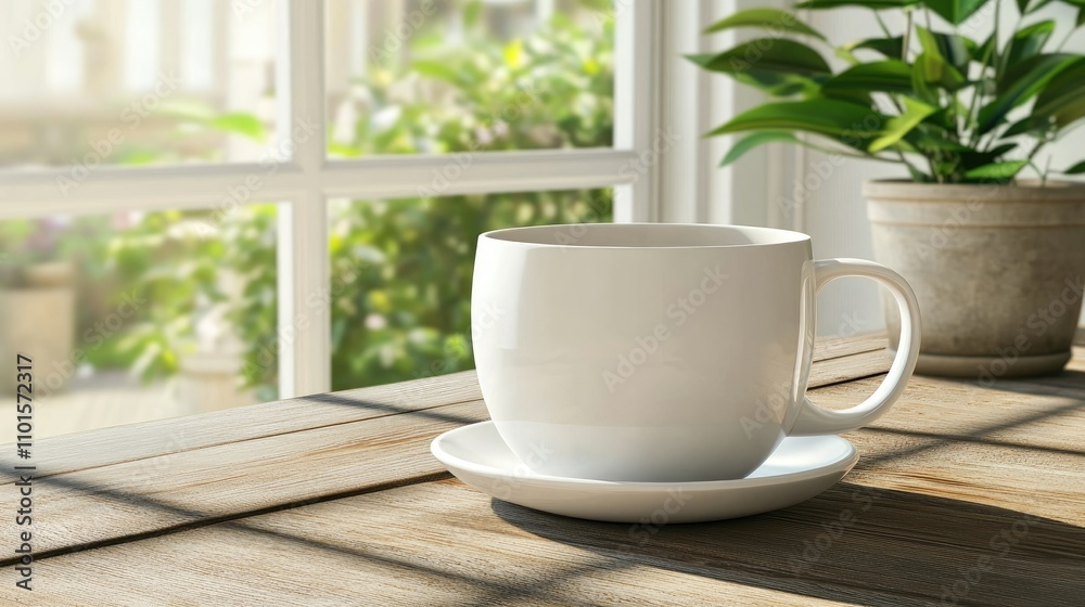 Serene Coffee Cup Resting on Rustic Wooden Table with Lush Greenery in Sunlit Background Serene Coffee Cup Resting on Rustic Wooden Table with Lush Greenery in Sunlit Background