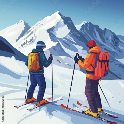 A vibrant illustration of two skiers on a snowy mountain ridge, equipped with backpacks and poles, admiring a dramatic alpine landscape under a clear blue sky