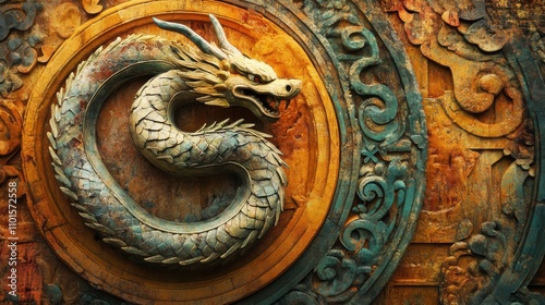 Mystical Serpent Emerging from Classical Luck Symbols: Razor-Sharp Detail and Natural Lighting in a Museum-Quality Artistic Presentation.