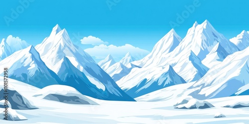 A serene winter landscape featuring snow-covered mountains under a clear blue sky.