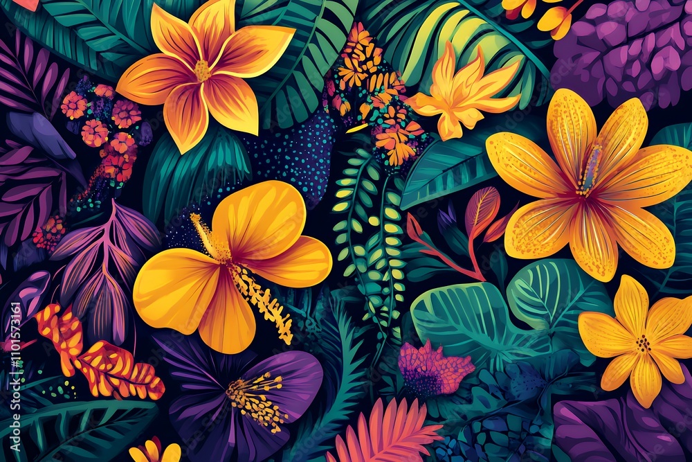 Fototapeta premium A vibrant illustration of tropical flowers and foliage in rich colors.