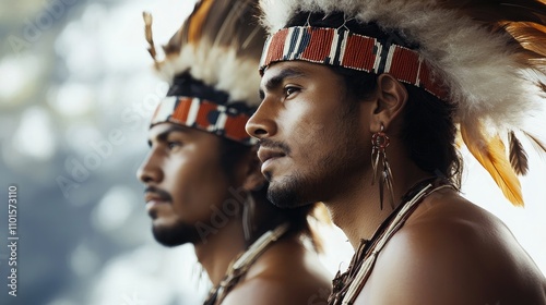 Indigenous men in feathered headdresses and traditional jewelry pose in profile, showcasing intricate adornments against an artistic backdrop. photo