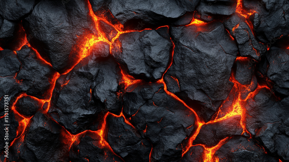 Volcanic rock formation with flowing lava illuminated by glowing orange hues Volcanic rock formation with flowing lava illuminated by glowing orange hues