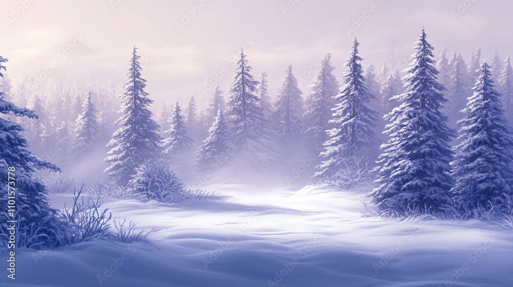 Naklejka premium Serene Winter Forest with Snow-Covered Trees (christmas-tree)
