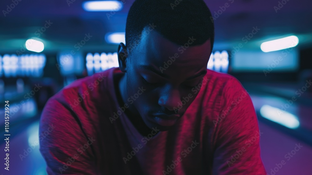 Young African American male bowler contemplating in a dimly lit bowling alley with neon lights reflecting on the lanes. Young African American male bowler contemplating in a dimly lit bowling alley with neon lights reflecting on the lanes.
