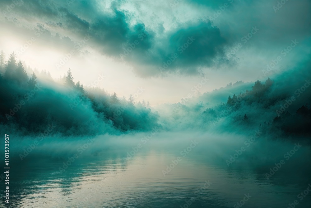 Naklejka premium Serene Ambient Scene with Abstract Mystical Cyan Mist