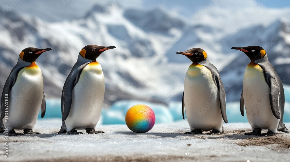 Fototapeta premium Four penguins gathered around a colorful sphere in a snowy landscape, displaying curiosity in the midst of a breathtaking mountainous backdrop.