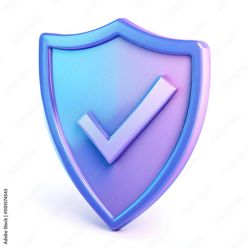 cartoon 3d Icon safety shield check mark perspective . Blue and purple symbol security safety icon. Checkmark in minimalistic style. 3d vector illustration. white background	