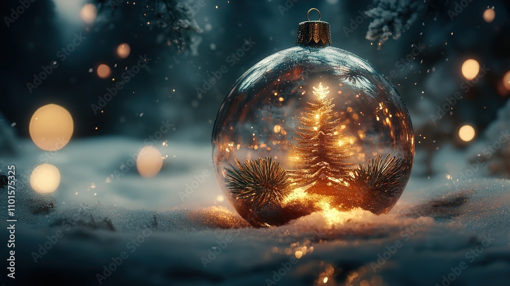 A 4K image of a Christmas glass ornament with a tiny pine tree inside, glowing softly with warm lights, surrounded